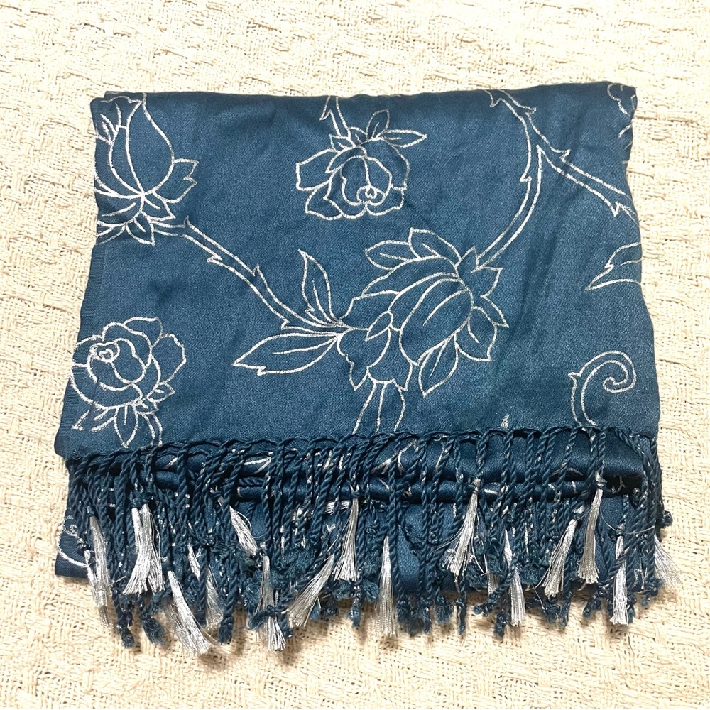 Elizabeth Gillett NYC Teal Blue and Silver Scarf